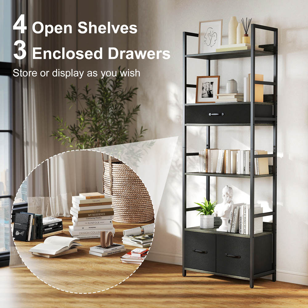Portland 3 Fabric Drawer and 4 Shelf Grey Industrial Bookcase  Image 7