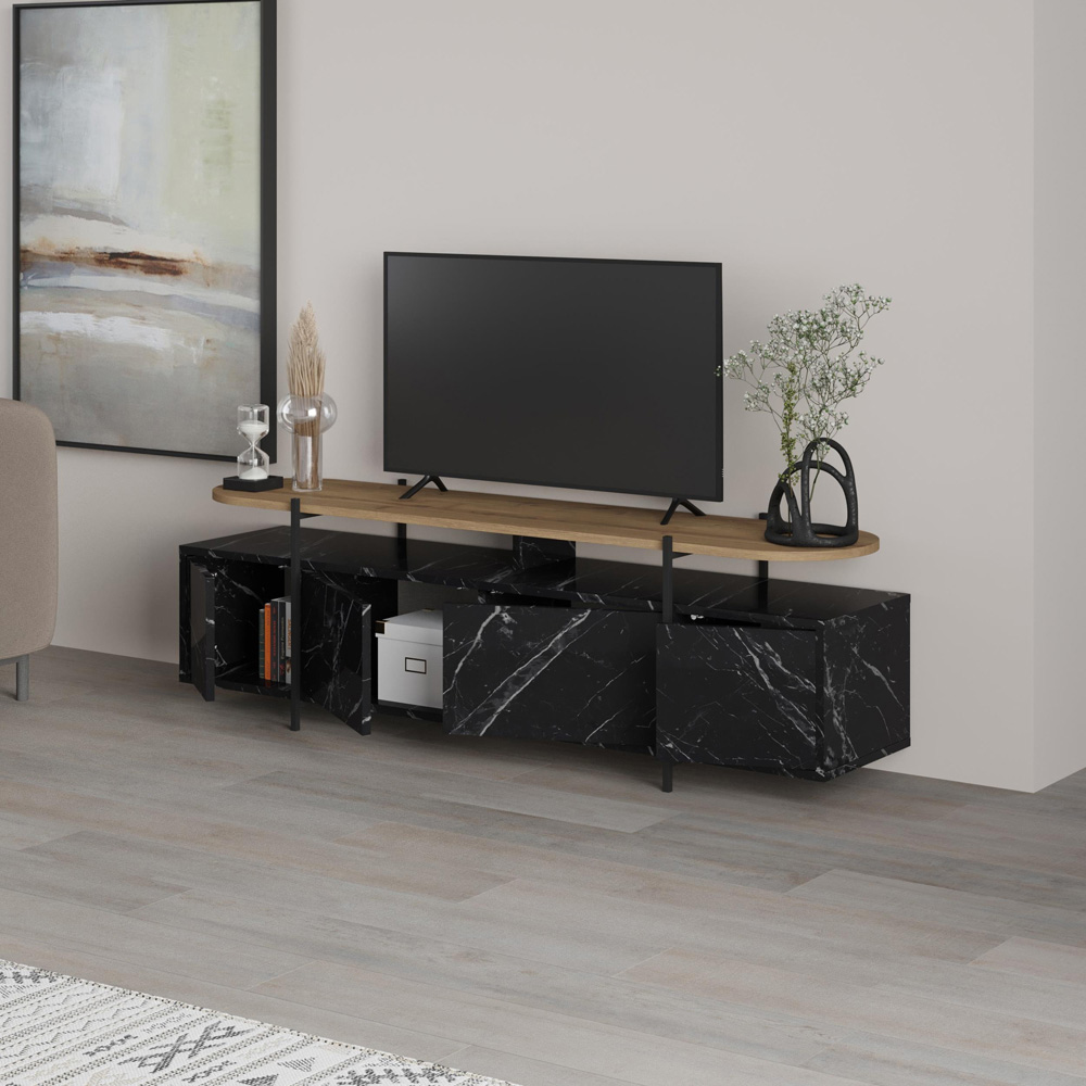 Decortie Hanley 4 Door Black Marble Effect TV Stand Image 5