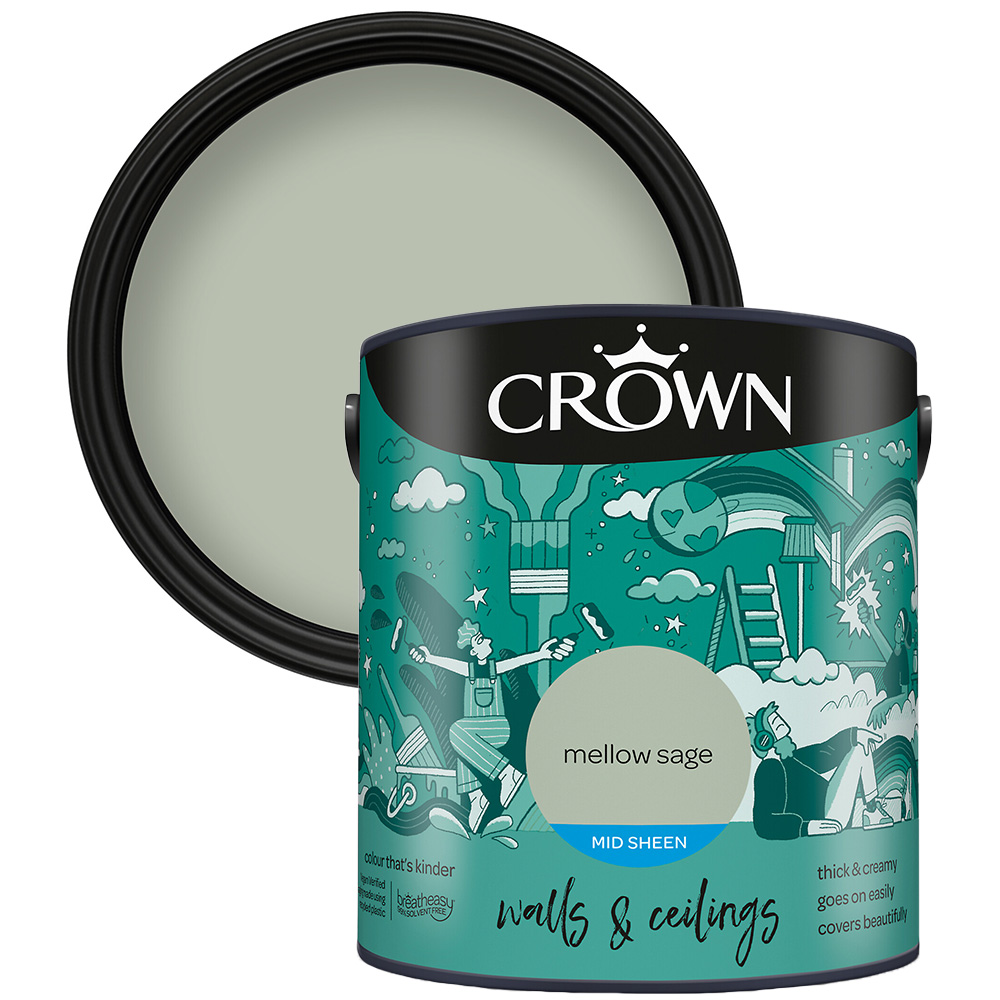 Crown Walls & Ceilings Mellow Sage Mid Sheen Emulsion Paint 2.5L Image 1
