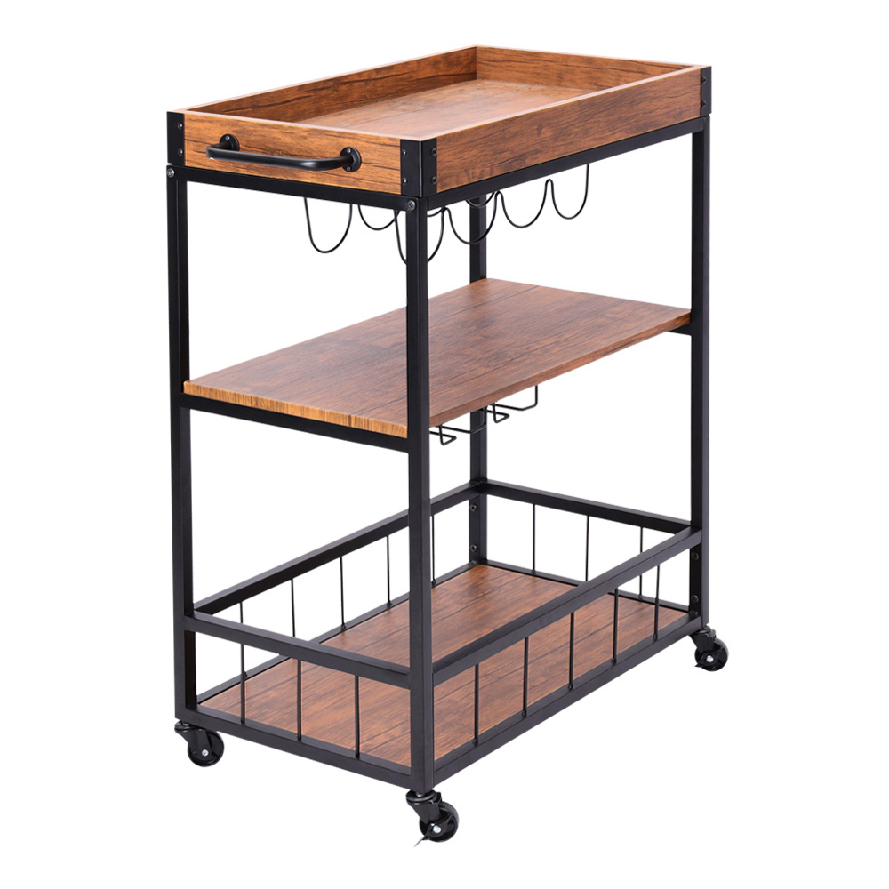 Living and Home 3 Tier Wooden Serving Wine Trolley Image 1