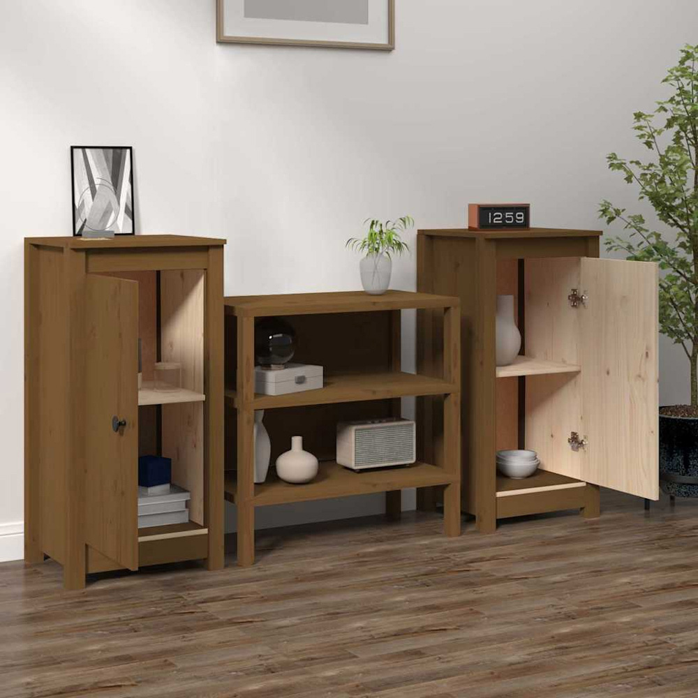 vidaXL Single Door Honey Brown Solid Pine Wood Sideboard Set of 2 Image 3