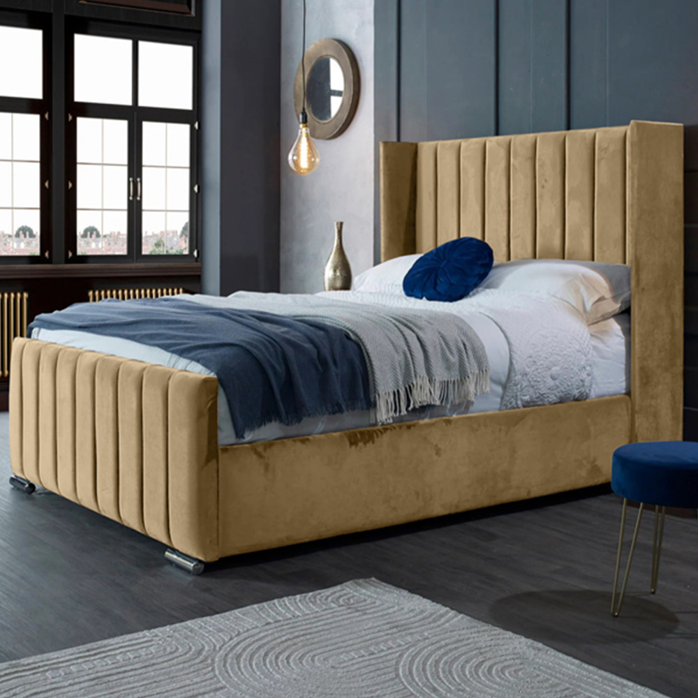 Eleganza Home Meriso Super King Size Beige Plush Velvet Bed Frame with Winged Headboard Image 1