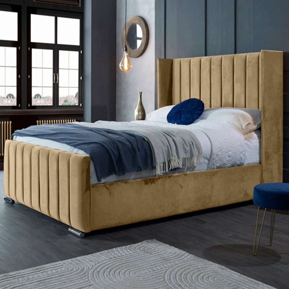 Eleganza Home Meriso Double Beige Plush Velvet Bed Frame with Winged Headboard Image 1
