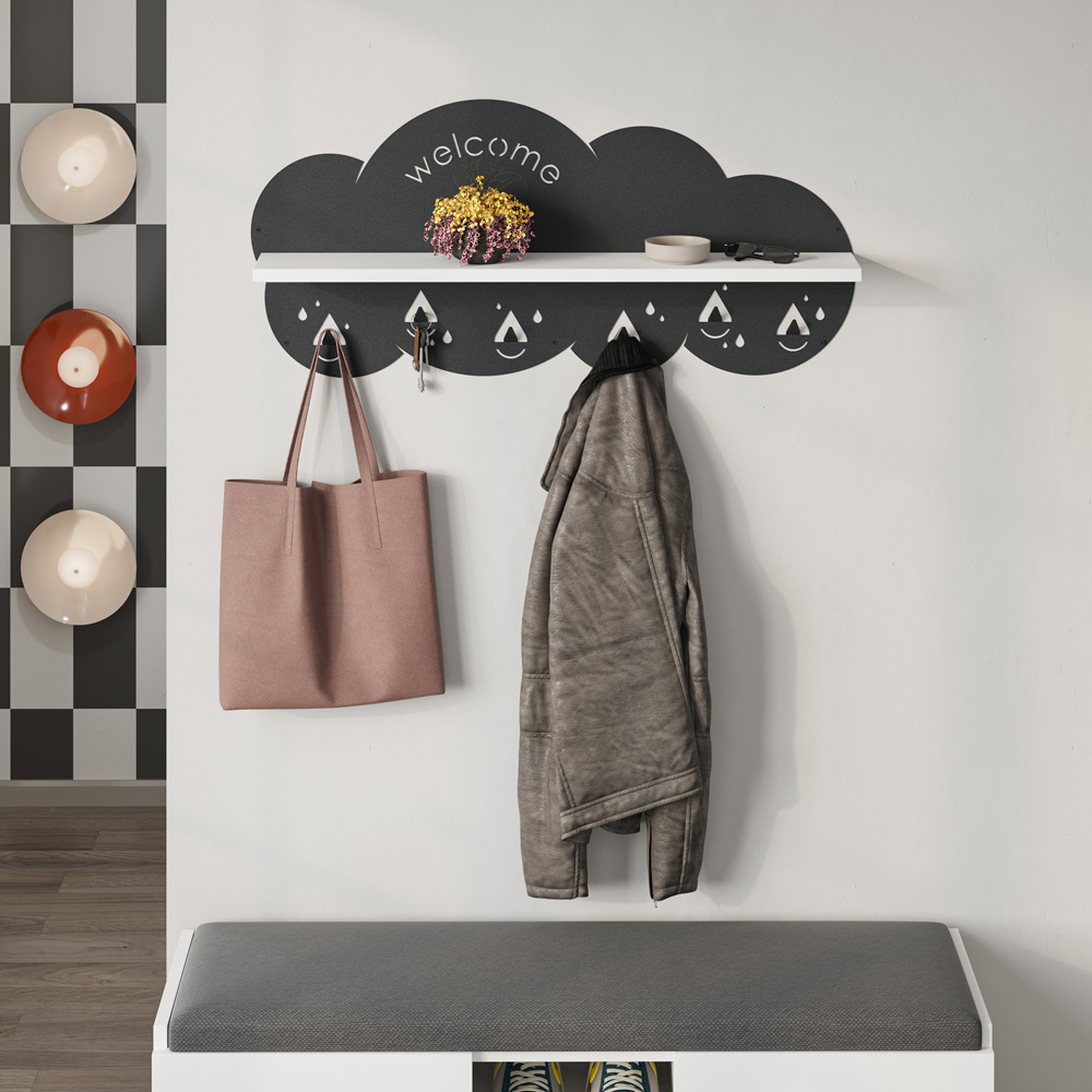 Decortie Cloudy 84cm White Modern Wall Mounted Floating Shelf with 6 Hook Image 2