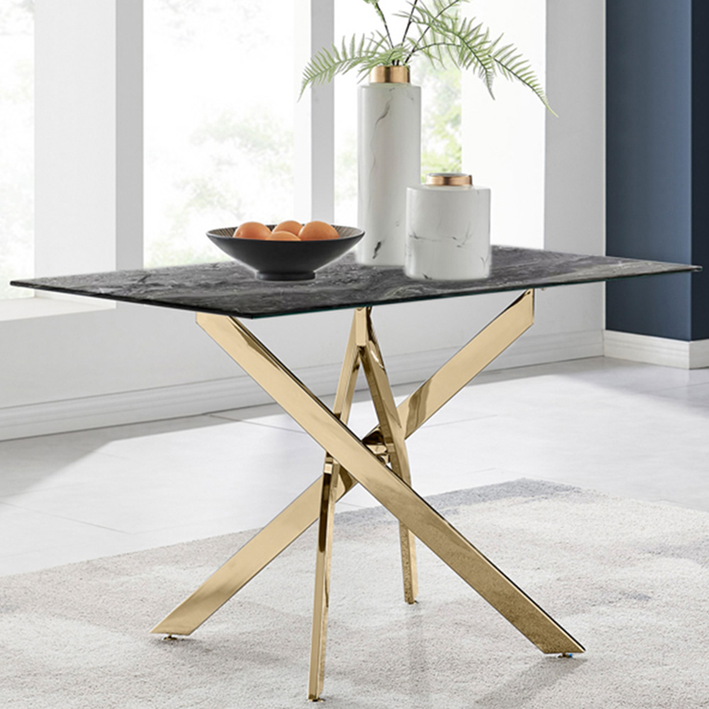 Furniturebox Tavalo 4 Seater Glass Dining Table Marble Effect and Gold Image 1