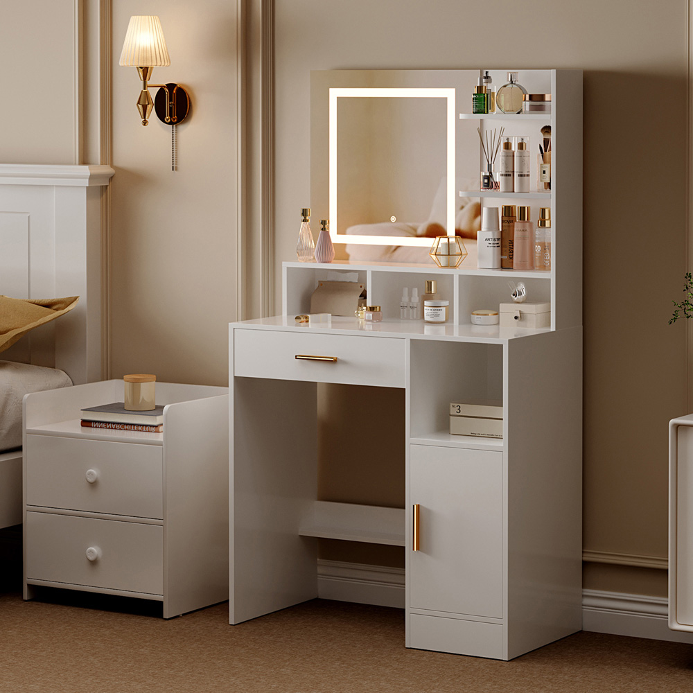 Brooklyn Truro Single Door Single Drawer 7 Shelf White Adjustable Dressing Table with LED Mirror Image 3