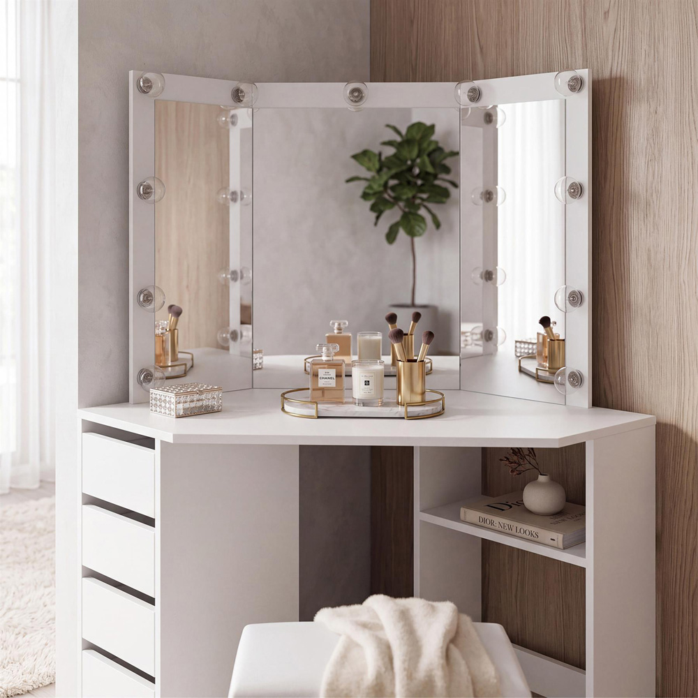 Portland 5 Drawer White Corner Dressing Table Set with LED Mirror Image 3