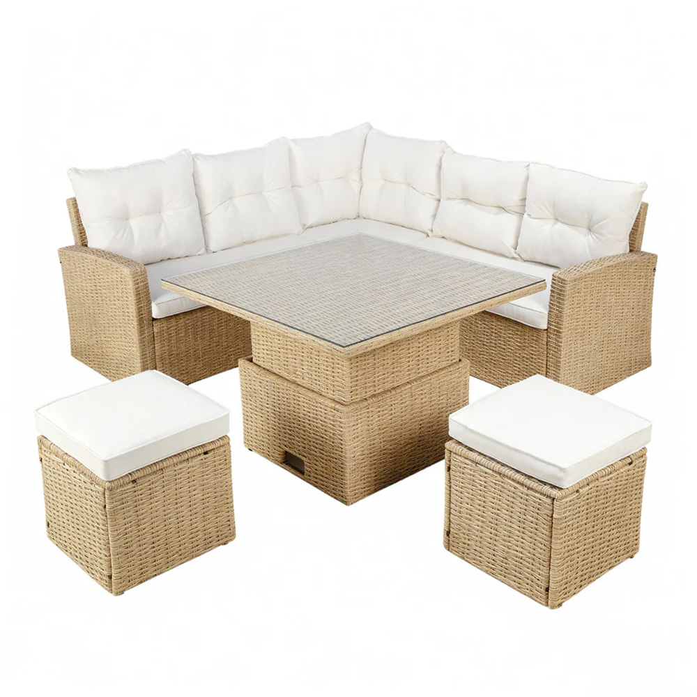 HGD St. Tropez 6 Seater Natural and White Garden Corner Sofa with Rising Table Image 3