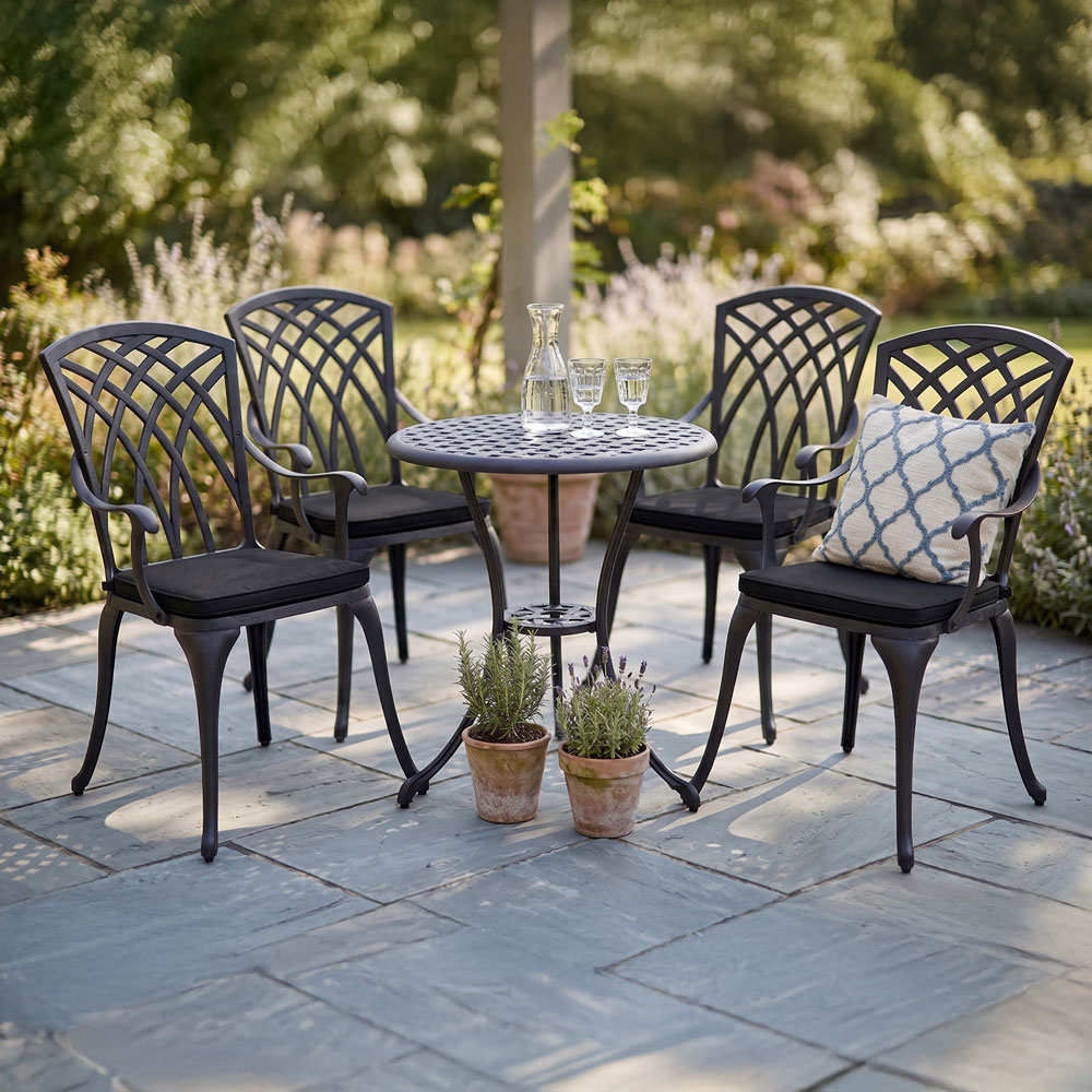 Centurion Oshowa 4 Seater Black Cast Aluminium Garden Bistro Set with Cushions Image 1