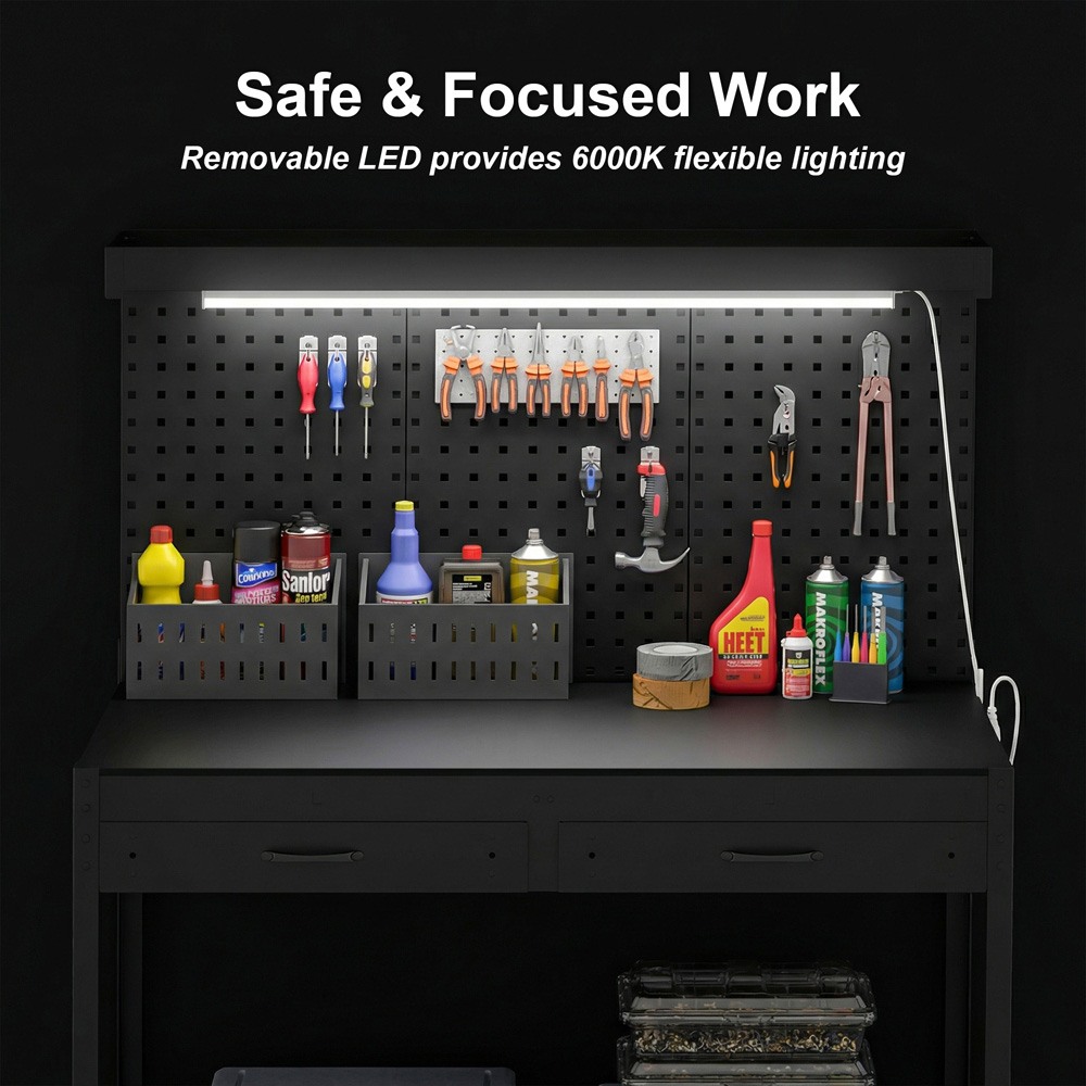 HOMCOM 2 Drawer Single Shelf Black Workbench with Pegboard and LED Light Image 8