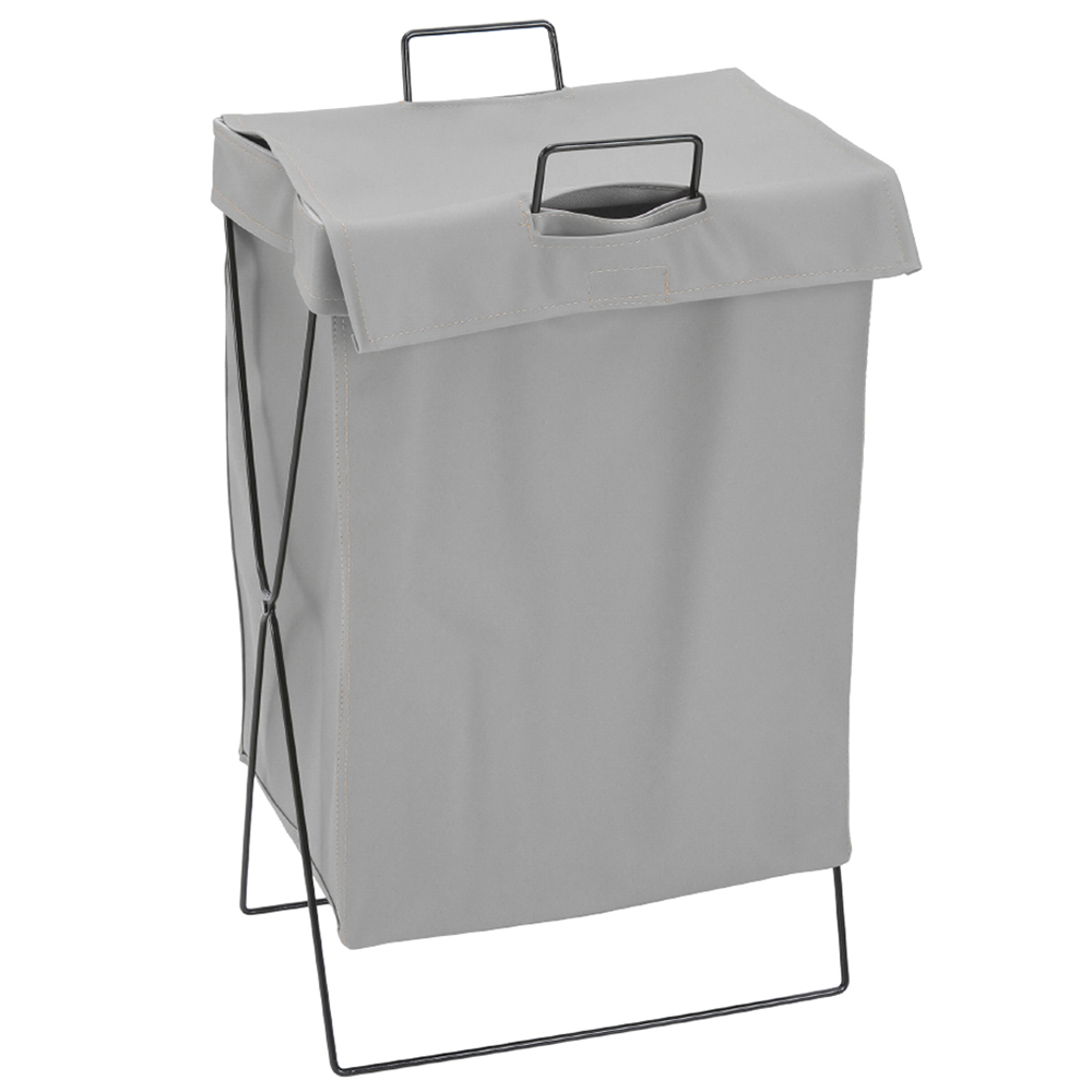 Living and Home Grey Metal Frame PU Leather Collapsible Laundry Basket with Lid Image 1