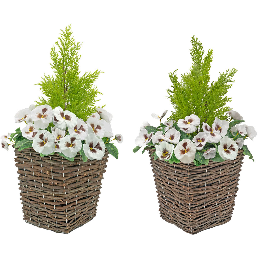 GreenBrokers Artificial White Pansies Dark Rattan Planters 60cm 2 Pack Image 1