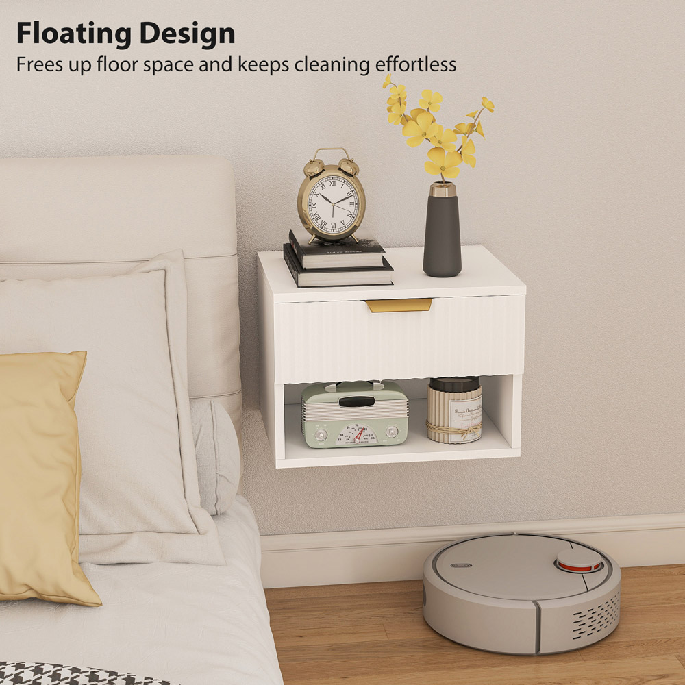 Portland Single Drawer Single Shelf White Fluted Floating Nightstand Set of 2 Image 7