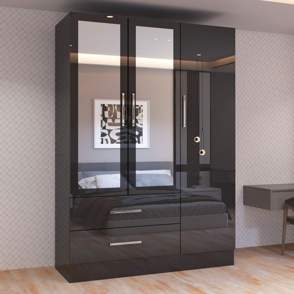 Sliding Wardrobes 4U 3 Door 2 Drawer Black High Gloss Hinge Door Wardrobe 120cm Image 1