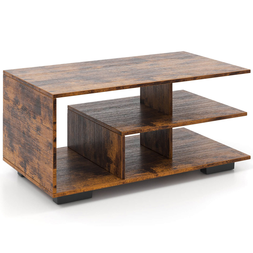 Costway 5 Shelf Rectangular Rustic Brown Coffee Table Image 2