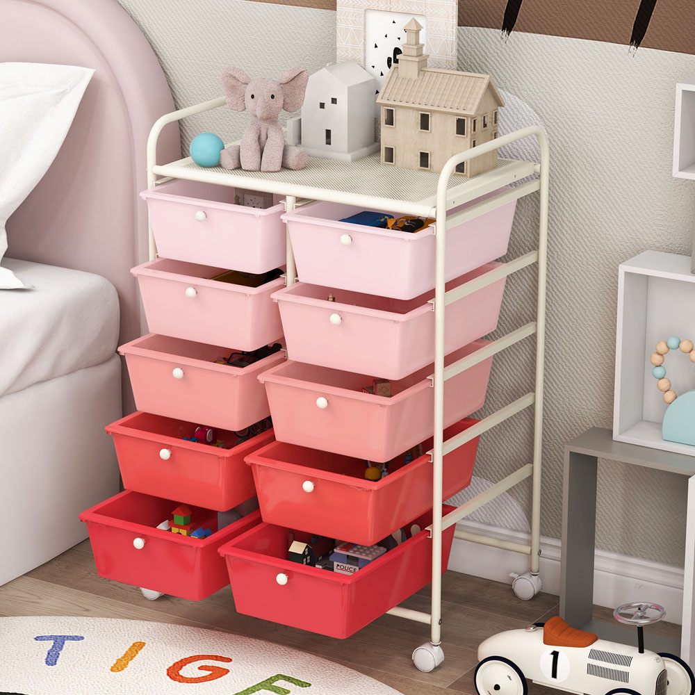 Costway 10 Drawer Pink Storage Rolling Cart Image 8