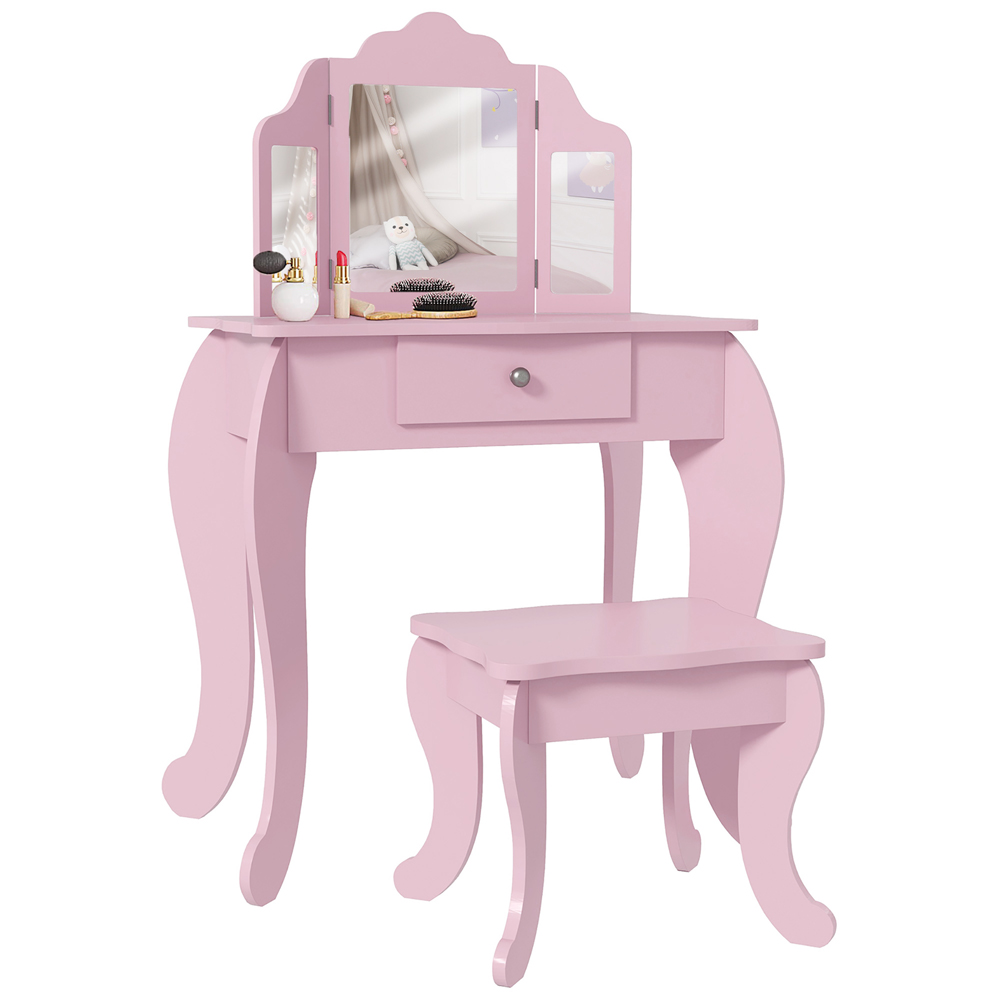 HOMCOM Single Drawer Pink Tri-Folding Mirror Makeup Dressing and Table Set Image 2