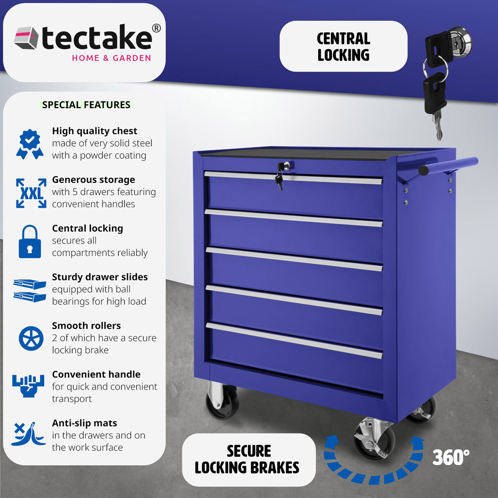 tectake 5 Drawer Blue Tool Chest of Drawers with Wheels Image 6