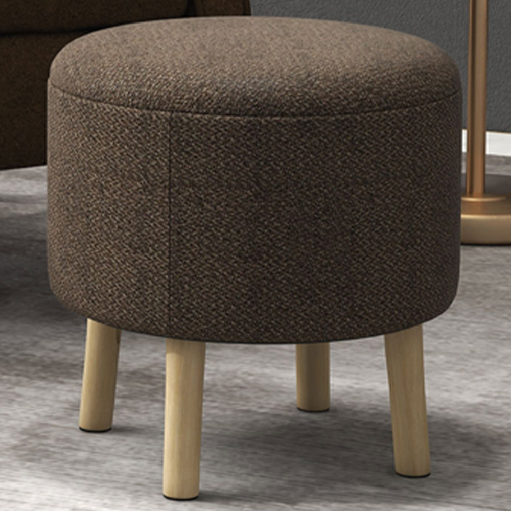 Portland Brown Round Linen Upholstered Ottoman Stool with Storage Image 1