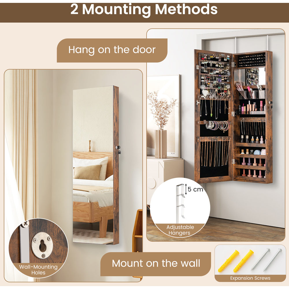 Costway Single Door Rustic Brown Mirrored Jewellery Cabinet Image 7