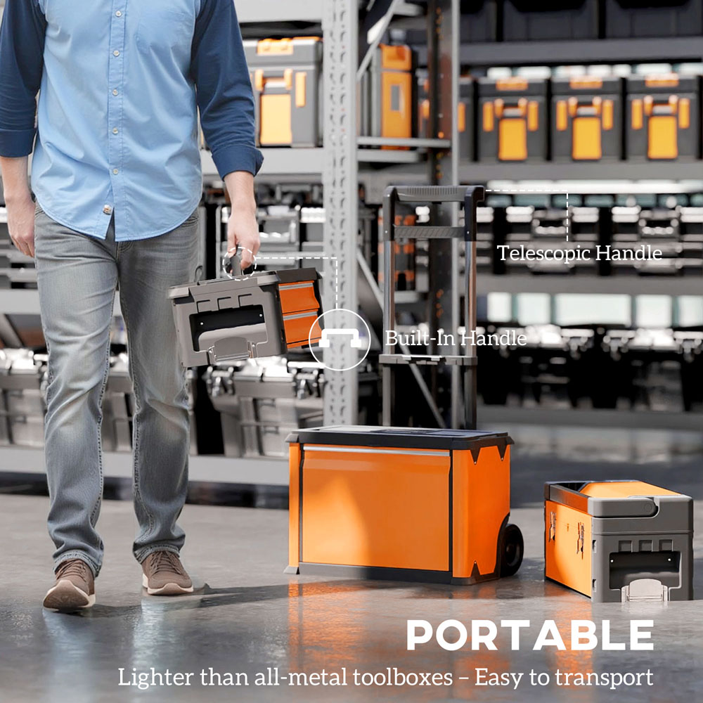 HOMCOM 3 Tier Orange Stackable Steel Tool Box with Wheels Image 7