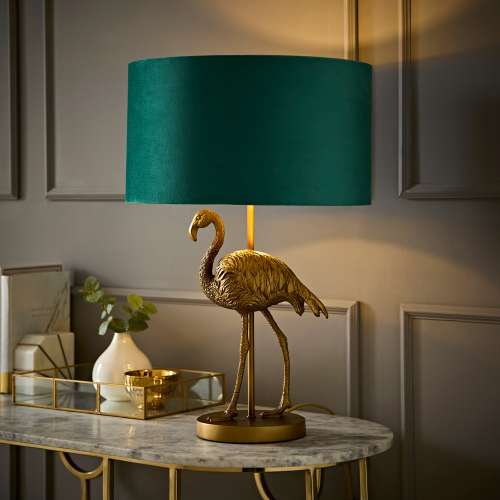 ValueLights Flo Flamingo Green Velvet Gold Shade Brushed Bronze Table Lamp with Bulb Image 2