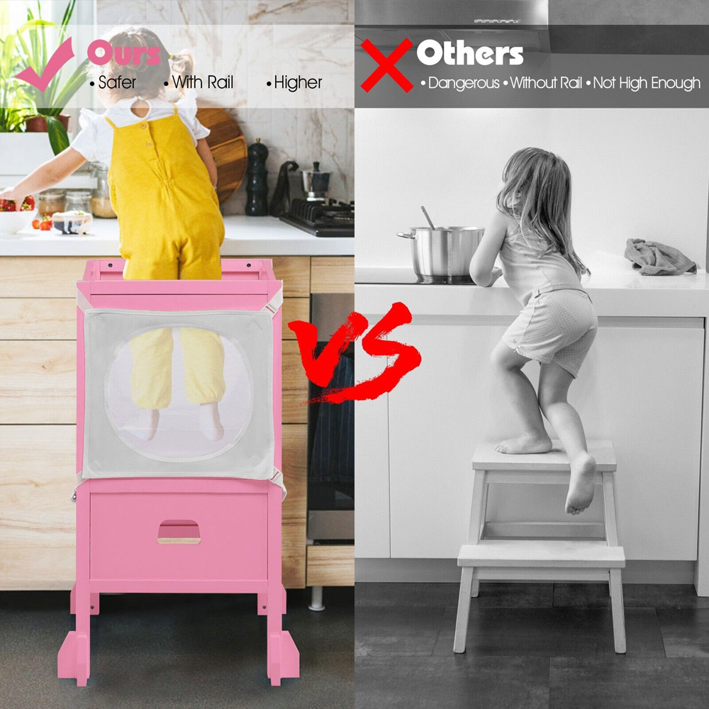 Costway Kids Pink Kitchen Step Stool with Blackboard Image 6