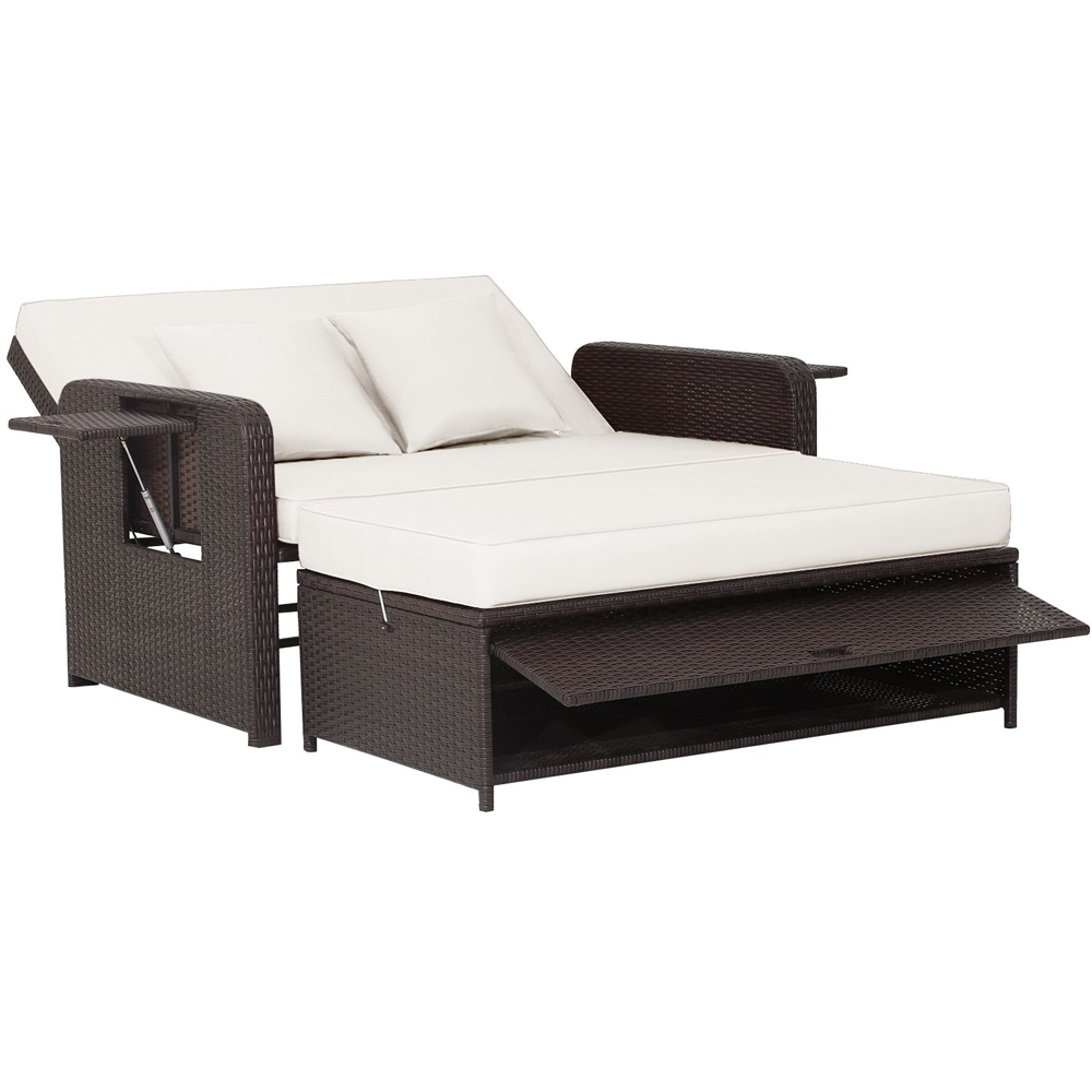 Costway 2 Seater Ratan Wicker White Loveseat Sofa with Ottoman and Side Tray Image 2
