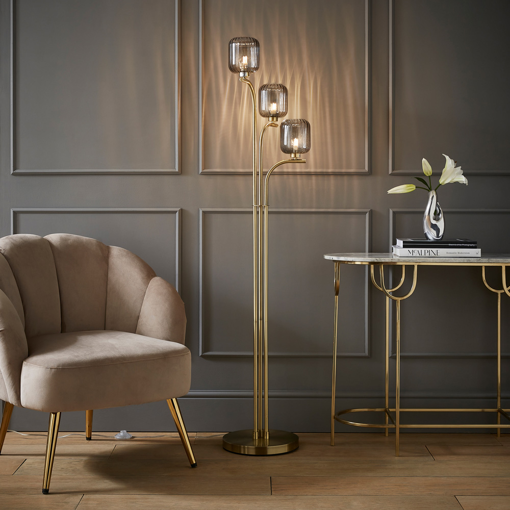 ValueLights Amelie 3 Way Ribbed Glass Gold Stem LED Floor Lamp Image 2