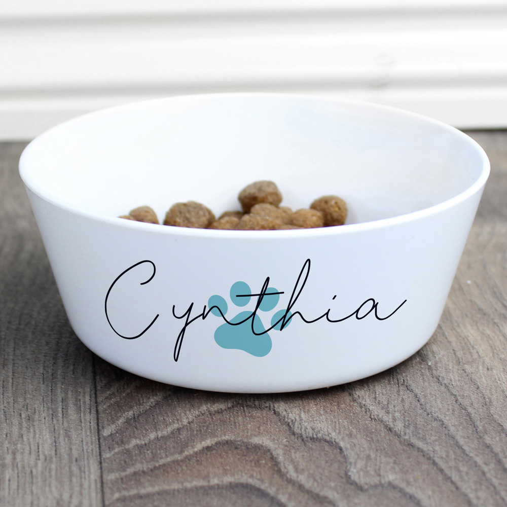 Personalised Memento Blue Paw Print Plastic Cat Bowl Image 2