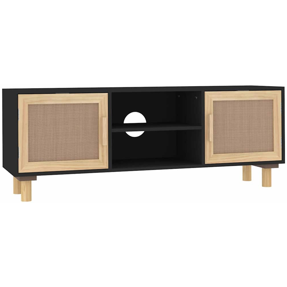 vidaXL 2 Door 2 Shelf Black Solid Pine and Natural Rattan TV Cabinet Image 2