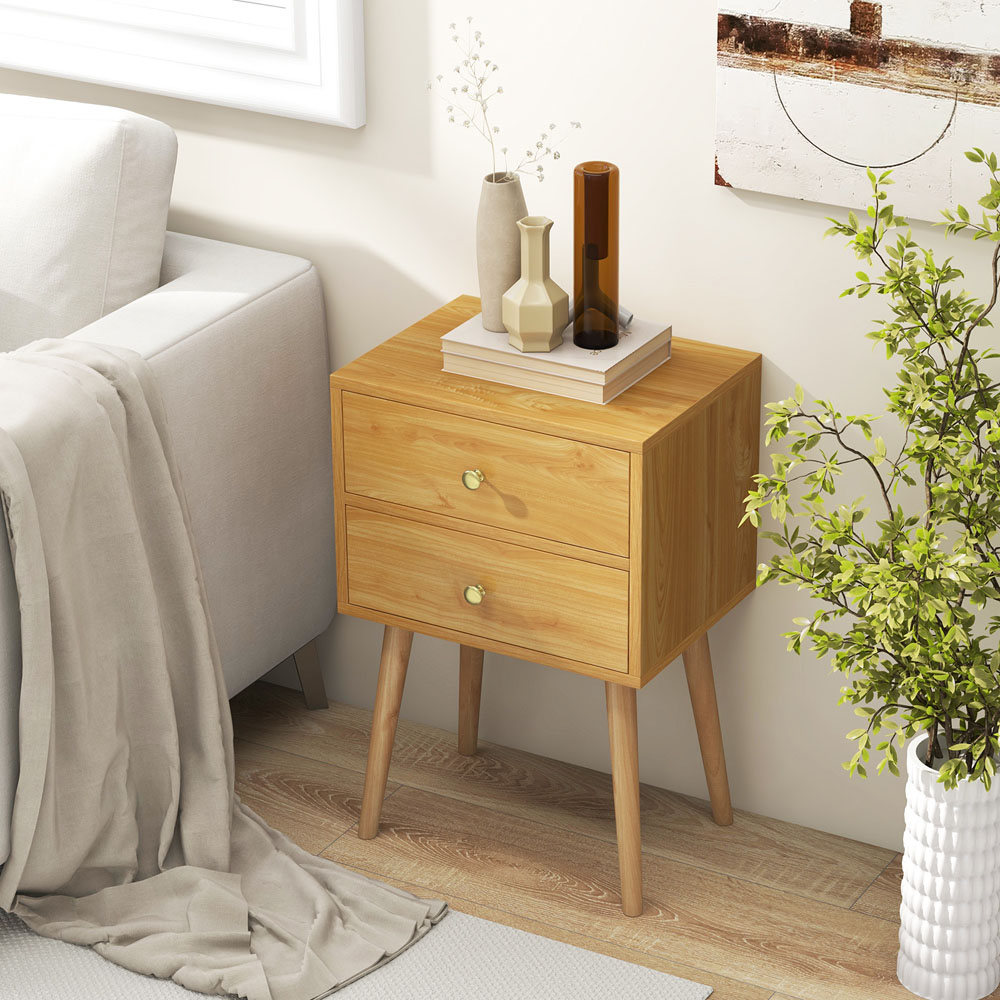 Costway 2 Drawer Natural Wooden Nightstand Image 4