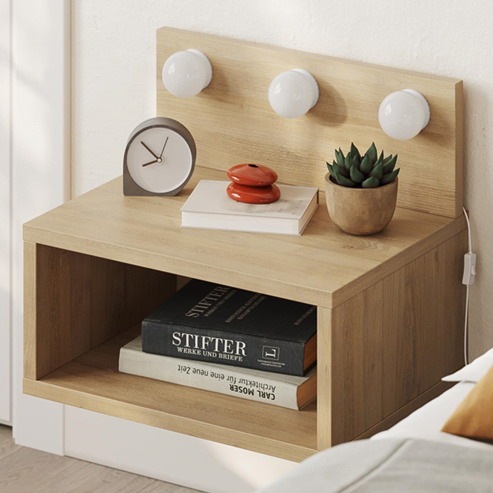 Decortie Treo 2 Shelf Sapphire Oak LED Wall-Mounted Bedside Table Image 1