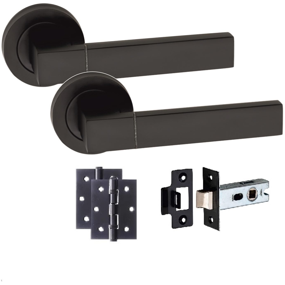 Golden Grace Capri Matt Black Door Handle Pair with Tubular Latch and Hinges 52mm 4 Pack Image 2