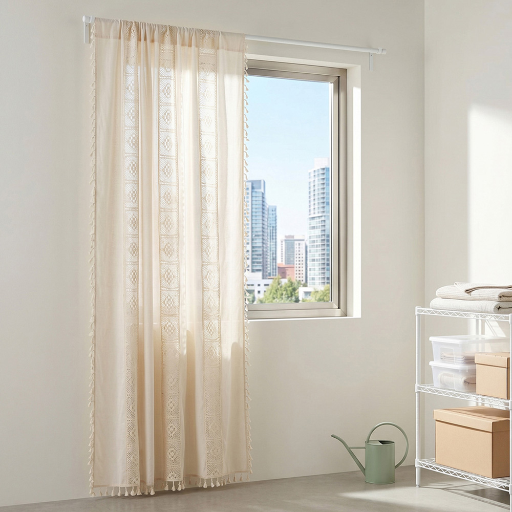 Living and Home Beige Bohemian Semi Sheer Diamond Pattern Curtain 240 x 150cm Image 1