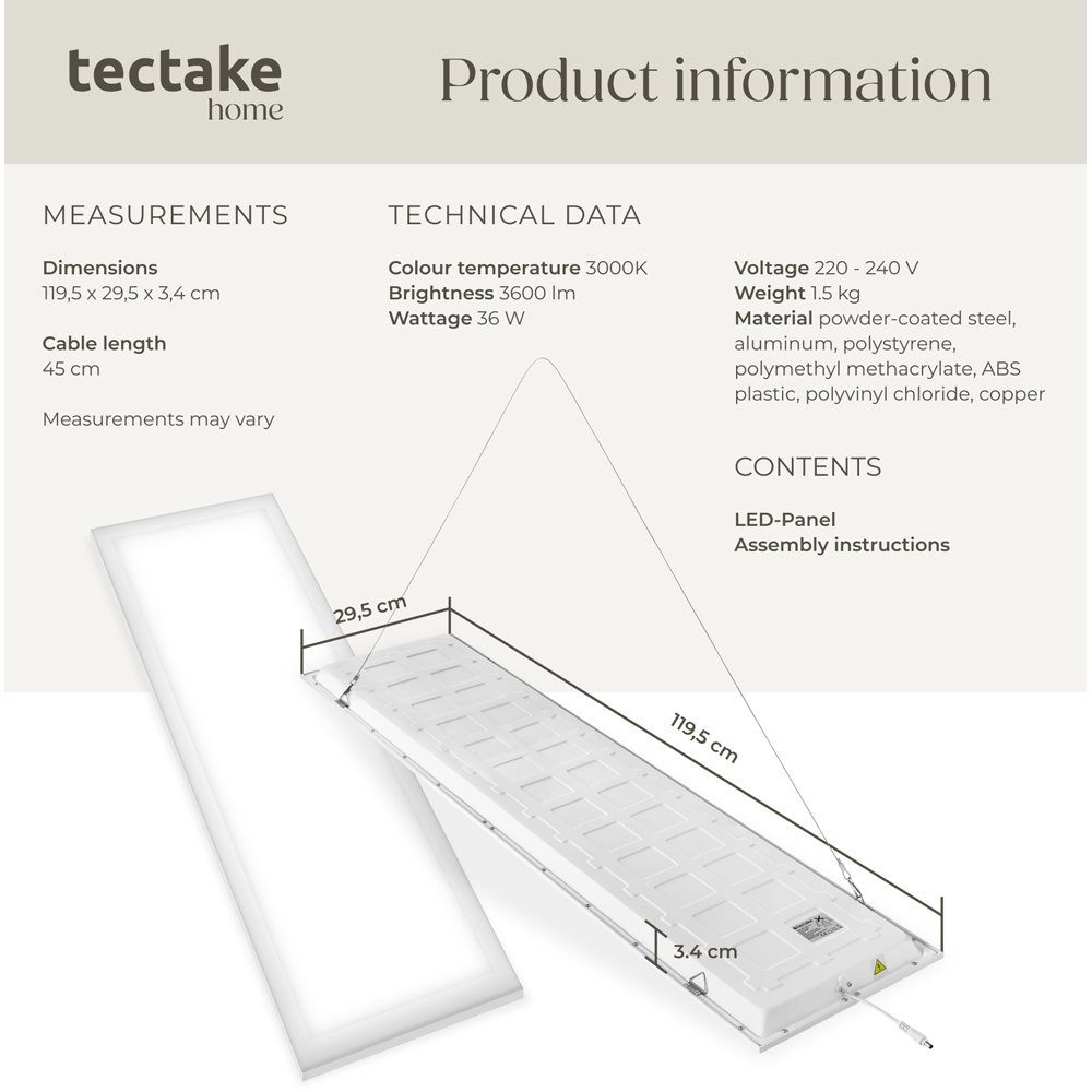 tectake Lucerna 36W 3000K Ultra Slim Warm White LED Panel Light 29.5 x 119.5cm Image 8