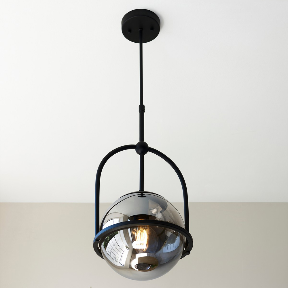 Merano Trieste Smoked Mirror Glass Matt Black Single Globe Pendant Ceiling Light Image 2