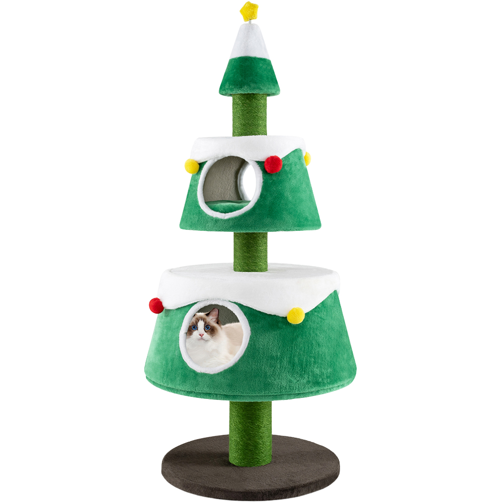 Costway Green Double Condo Christmas Tree Shaped Indoor Cat Scratching Post Image 1