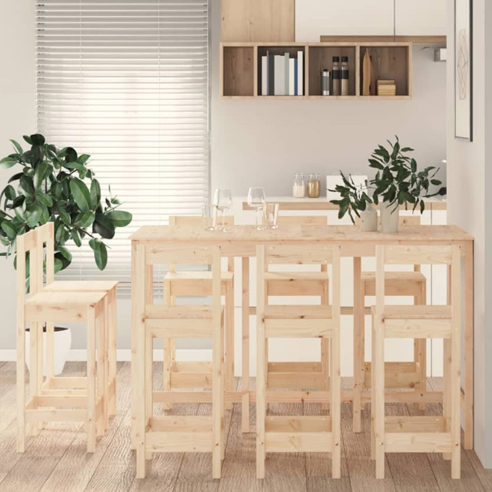 vidaXL 8 Seater Natural Solid Pine Wood Bar Table Set Image 1