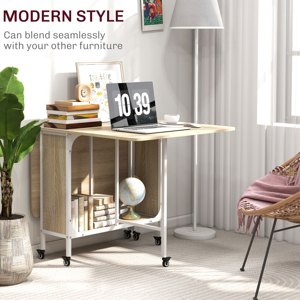 HOMCOM 6 Seater Natural Drop Leaf Mobile Dining Table Image 7