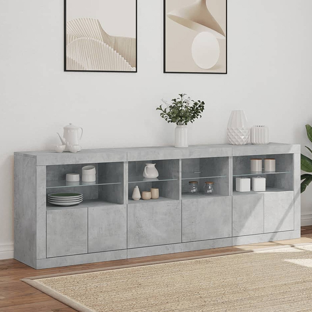 vidaXL 2 Door 2 Shelf Concrete Grey Wooden Sideboard with LED Lights Set of 3 Image 1
