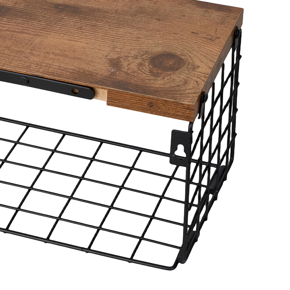Living and Home 3 Shelf Wooden Wall-Mounted Floating Shelf with Wire Basket Image 5