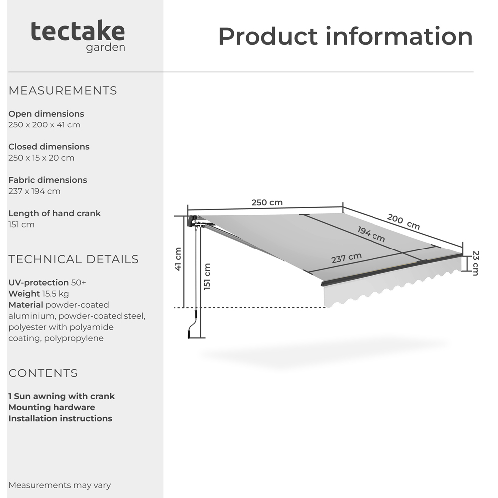 tectake Ornella Light Grey Retractable Awning 2.5 x 2m Image 8