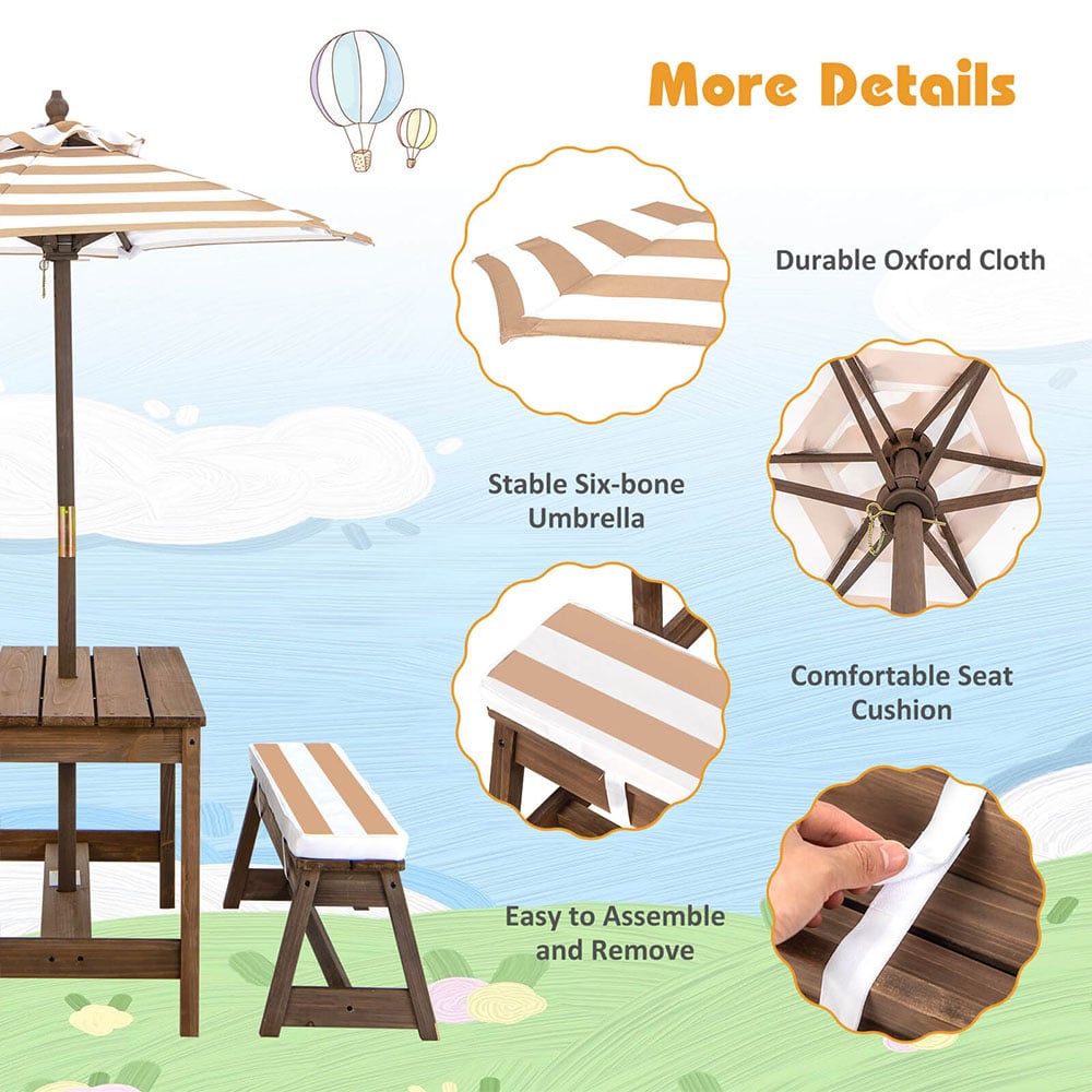 Costway Brown Kids Picnic Table and Bench Set with Umbrella Image 7