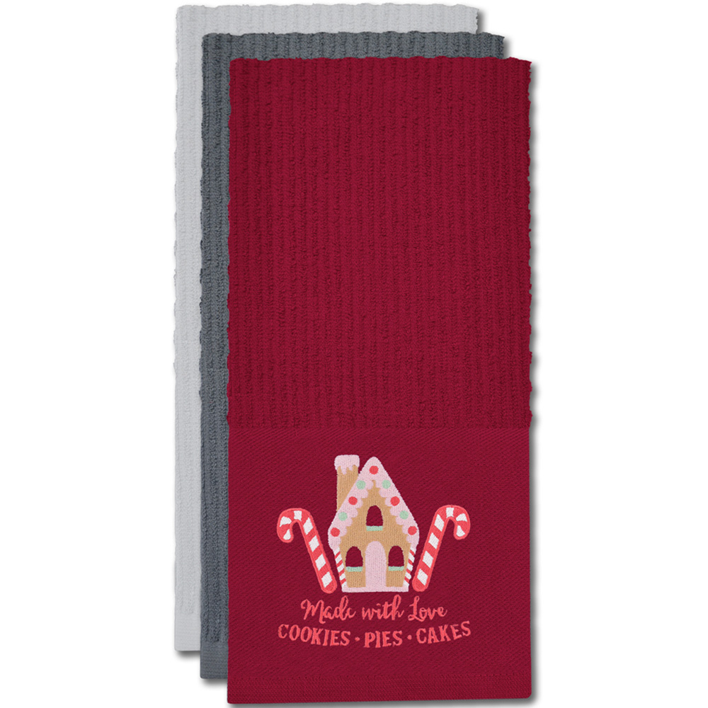 Noel Square Gingerbread House Red Tea Towel 3 Pack Image 3