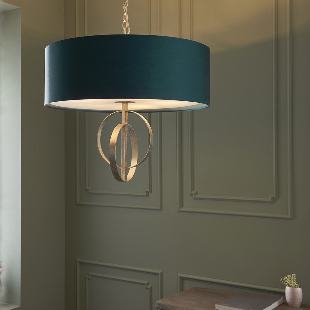 Merano Trento Antique Silver and Teal Satin Fabric 5 Light Pendant Ceiling Light Image 7