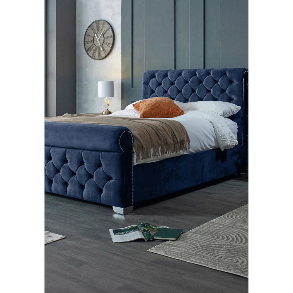 Eleganza Home Veneta Double Blue Plush Velvet Bed Frame with Chesterfield Headboard Image 3