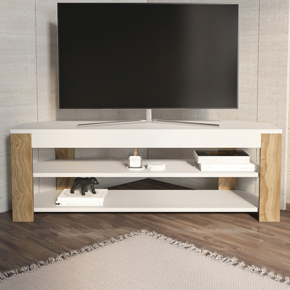 Decorotika Rita 2 Shelf White and Oud Corner TV Stand for 43 inch TV Image 1