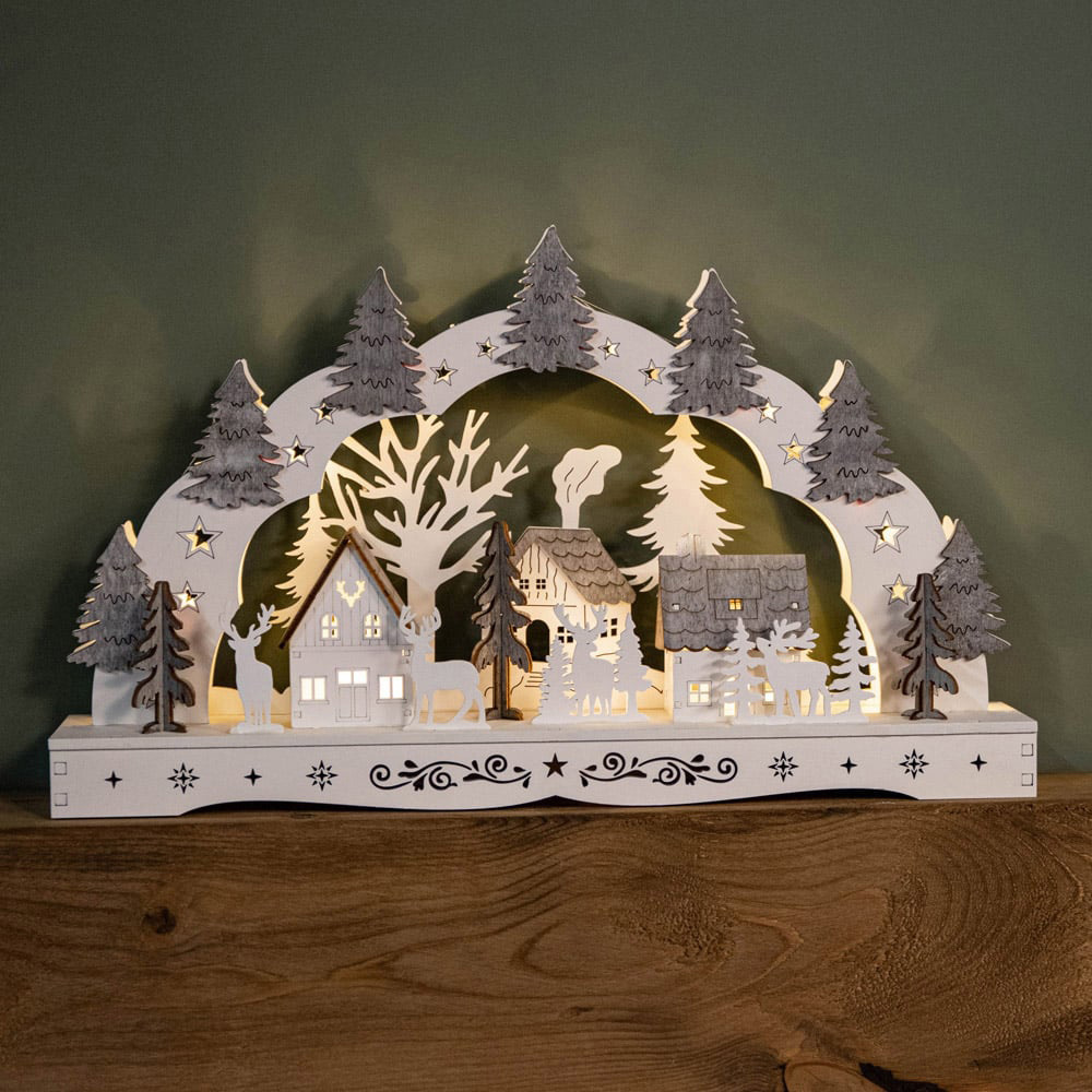 Samuel Alexander White Wooden Christmas Candle Bridge with Reindeer and Village Scene Image 2