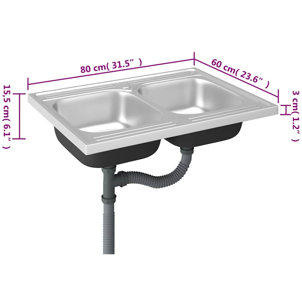 vidaXL Silver Stainless Steel Kitchen Sink with Double Basin and Drainer Set 800 x 600 x 155mm Image 6